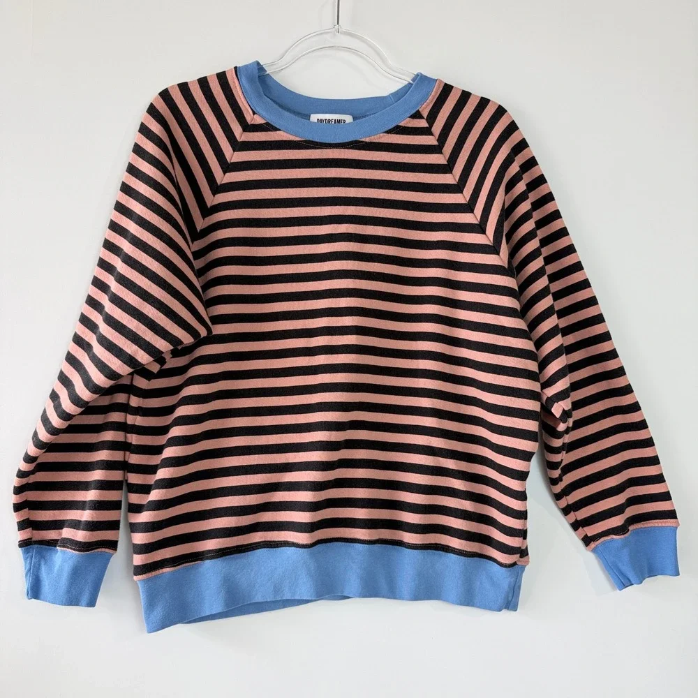 Evereve Daydreamer Stripe Vintage Sweatshirt Womens M Pink Blue Raglan Cotton - Picture 2 of 12